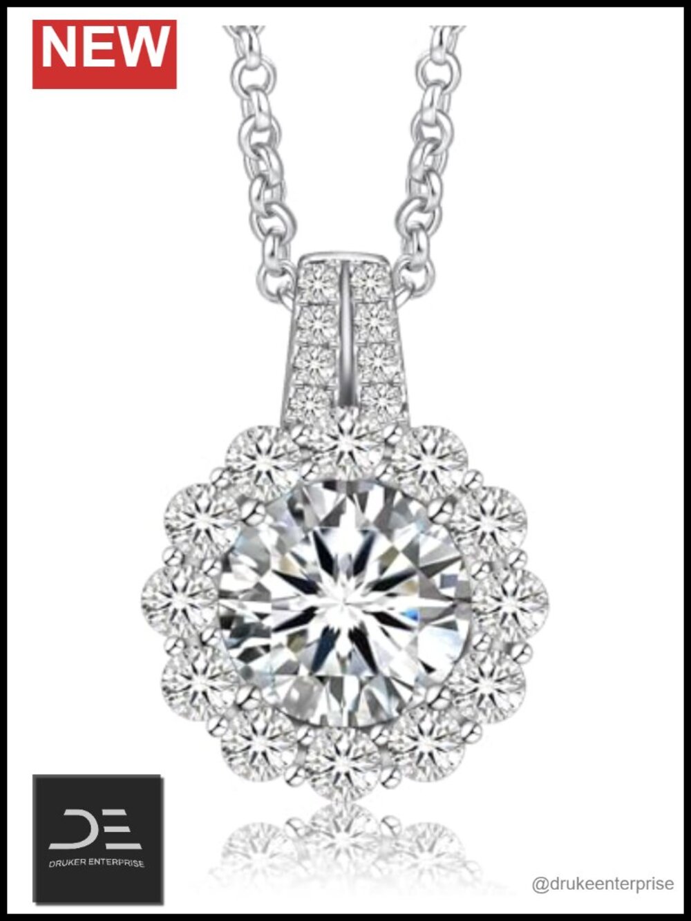 1ct Round Halo Moissanite Necklace 925 Sterling Silver